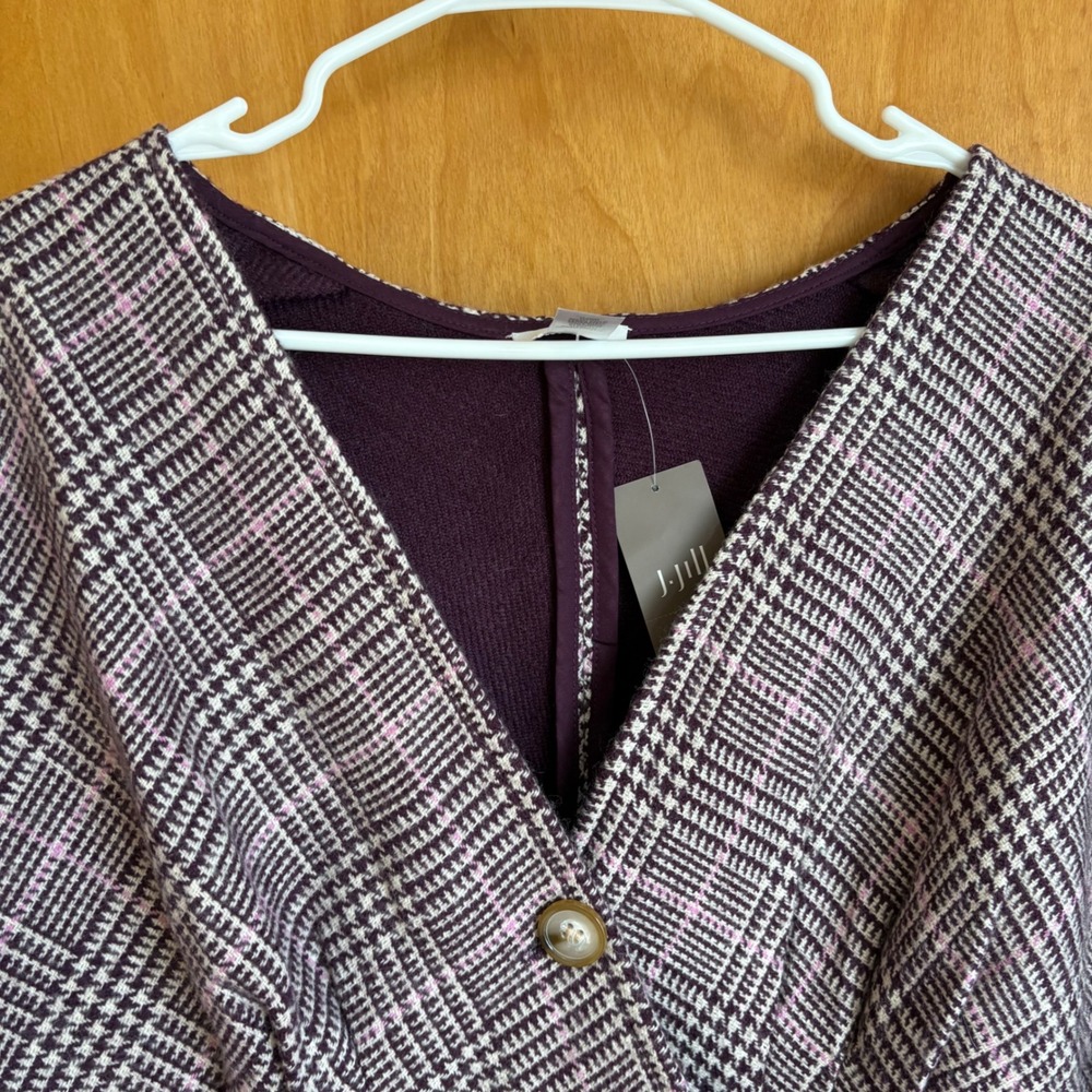 J. Jill Cape Sweater Womens S-L Purple Plaid Single Button Arm Slits New - Picture 3 of 8